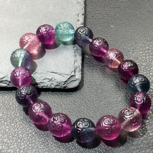 Sunmoonstar crystal Fluorite Fretwork round bead bracelet